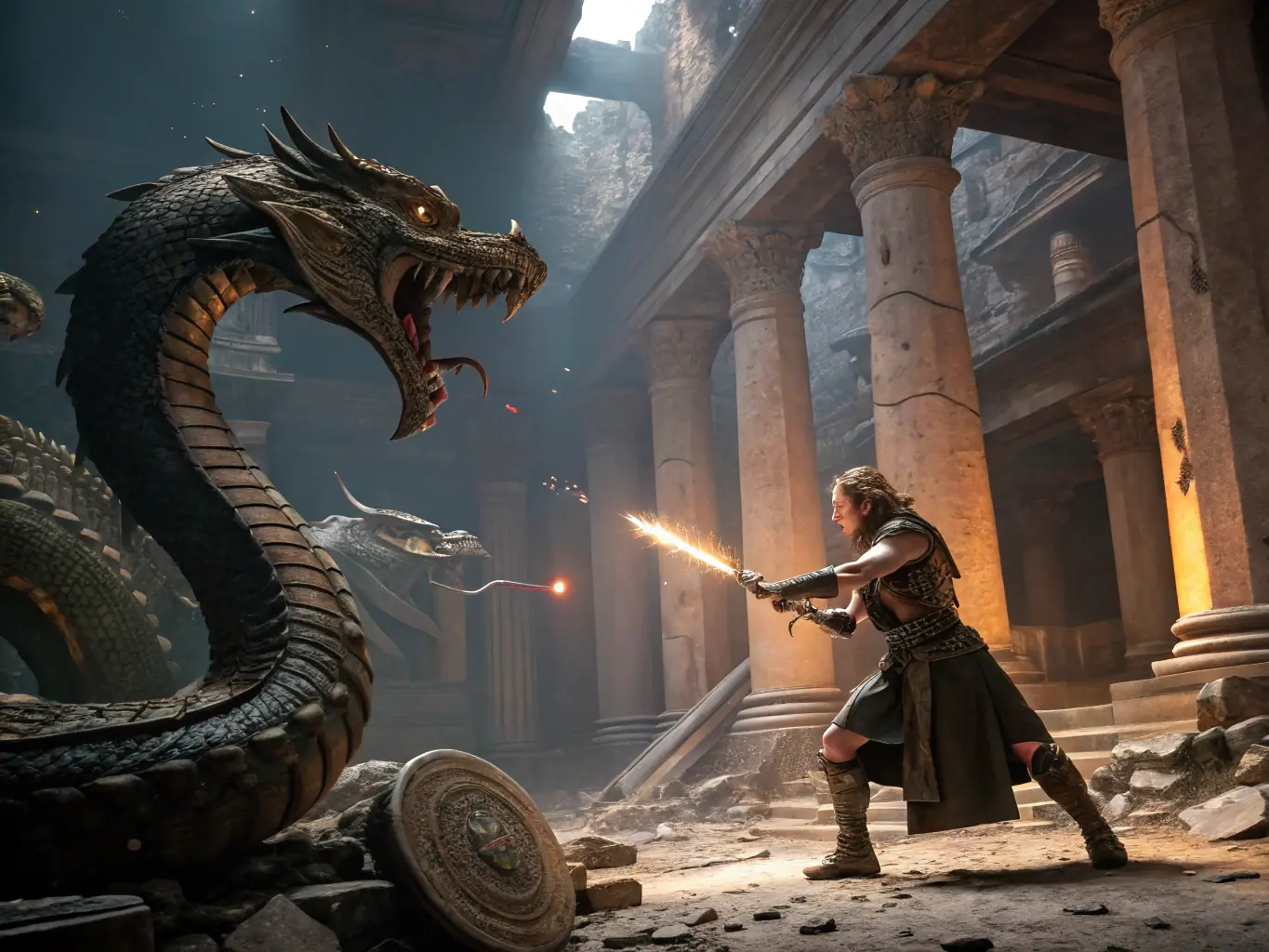 A dramatic scene from Olympus Reborn, depicting a hero battling a hydra in a crumbling temple, showcasing the game's intense combat and detailed environments.